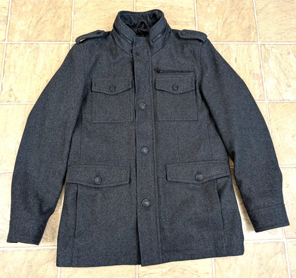 GUESS men sz M Wool Blend Insulated Military quilted Coat jacket gray hu